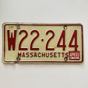 Vintage 83 MASS 70s 80s White Red Massachusetts License Plate‎ W22-244 Auto Tag